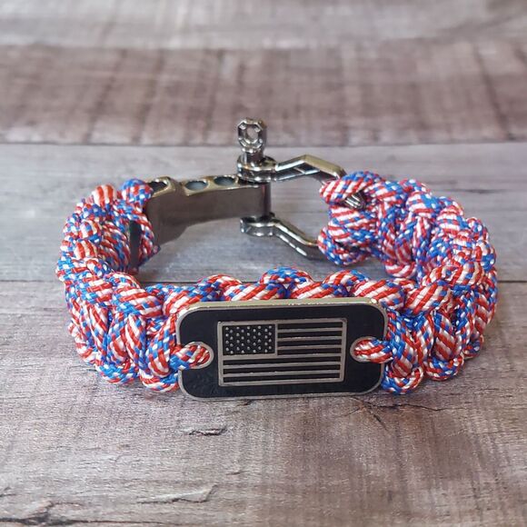 Patriotic Paracord Bracelet Americana Flag 4th of July Jewelry Metal Hardware - Picture 2 of 3